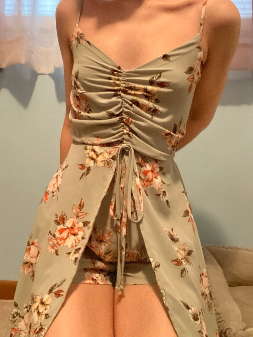 Sage Green Floral Ruched Drawstring Mini Dress